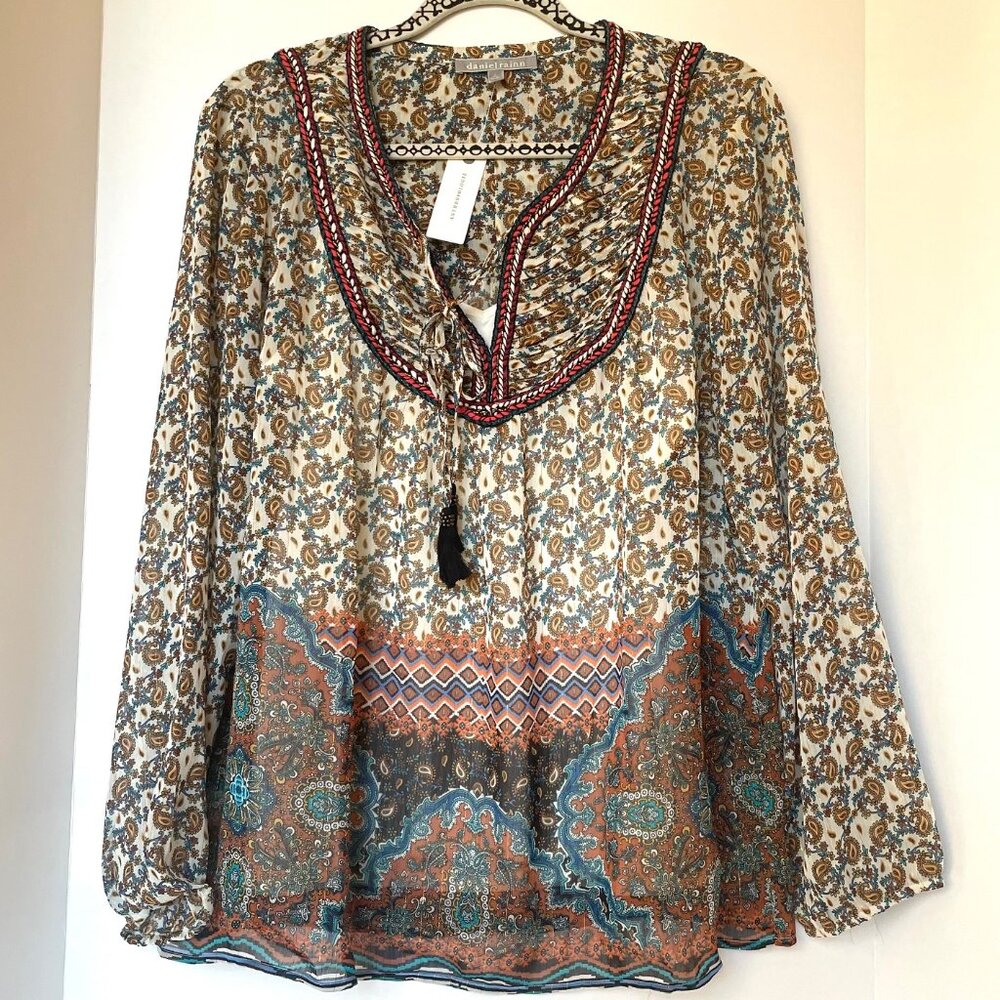 Anthropologie Daniel Rainn Paisley Chiffon Blouse Large V-Neck Long Sleeve